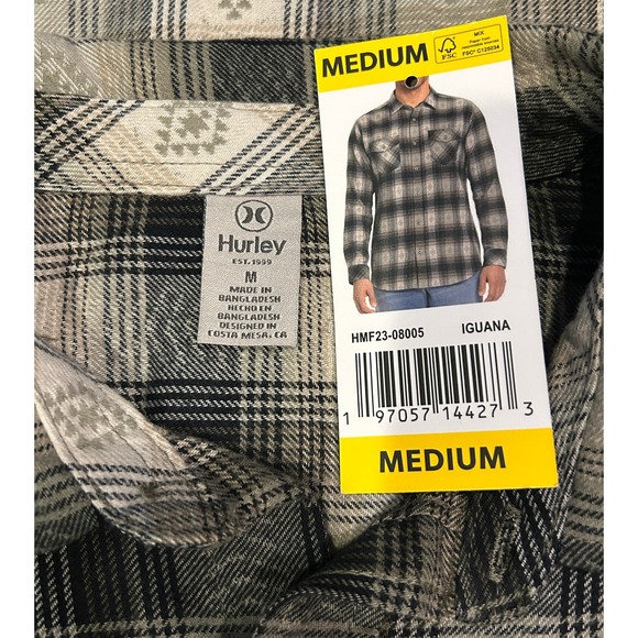 Hurley‎ Regular Fit Long Sleeve Flannel Shirt Medium Gray Plaid Pocket Flaps NWT - Picture 4 of 5